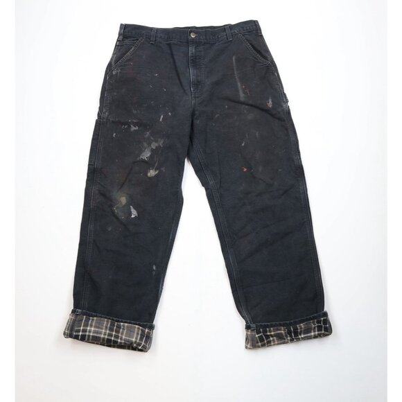 Vintage 90s Carhartt Mens 38x32 Thrashed Flannel Lined Wide Leg Canvas Pants